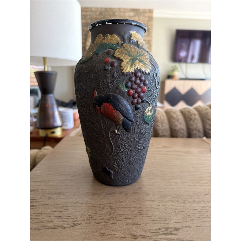 VTG Circa 1910  Bird on Grapes Goofus Glass Vase Black Bark Texture 9”